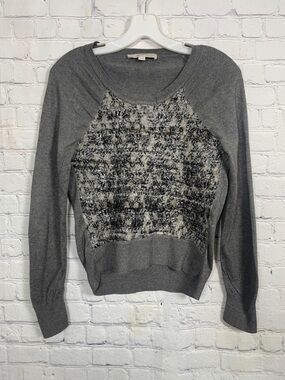 LOFT Gray Mixed-Texture Scoop Neck Black & Ivory Floral Lace Sweater Medium
